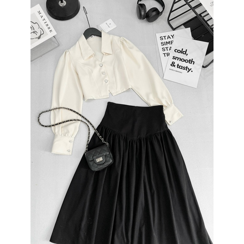 Set Áo Sơ Mi Dài Tay Cúc Ngọc Phối Chân Váy Kaki Dáng Dài Xoè Phong Cách Lịch Sự Sang Trọng