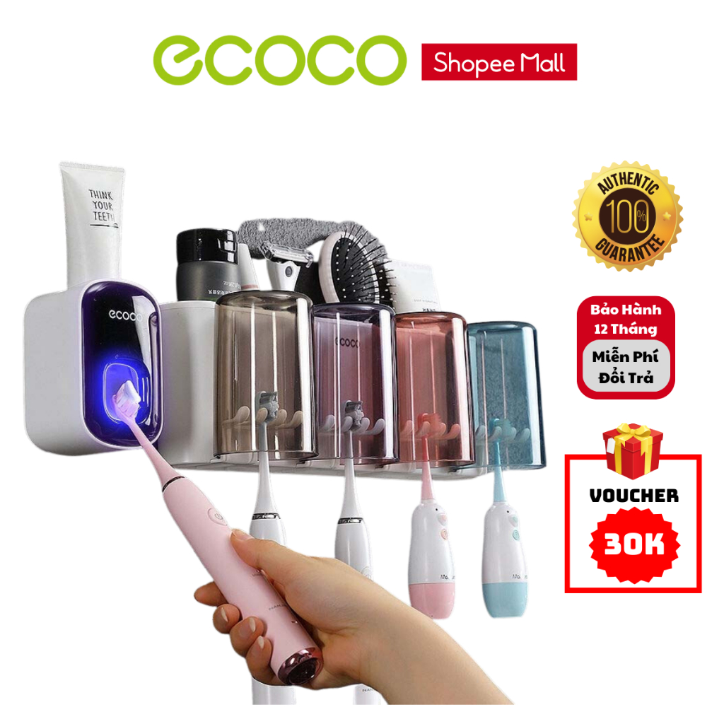 Bộ Nhả Kem Đánh Răng Tự Động ECOCO, Kệ Để Đồ Phòng Tắm Cao Cấp 2,3,4 Cốc Chất Liệu Nhựa ABS Bảo Hành 12 Tháng