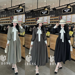 Đầm maxi tay dài cổ nơ xinh xắn che khuyết điểm eo thon
