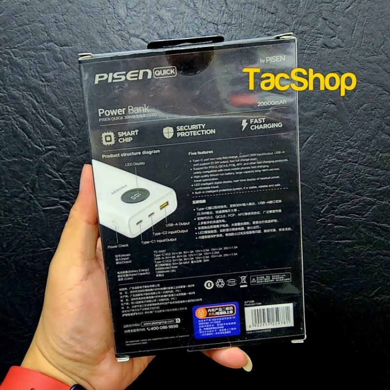 Pin sạc dự phòng Pisen Quick TS-D337 20000mAh hỗ trợ sạc nhanh 30W Chính Hãng