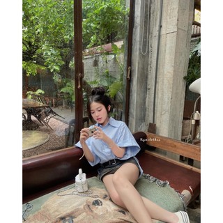 Pre-order ✿ áo sơmi xanh biển form to tay lửng ✿