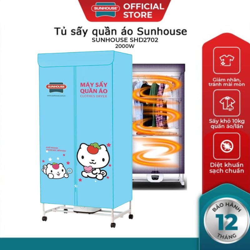 [Chính hãng] MÁY SẤY QUẦN ÁO, TỦ SẤY QUẦN ÁO SUNHOUSE SHD-2702 CÔNG SUẤT 1000W, SẤY KHÔ KHỬ KHẨN - HÀNG CHÍNH HÃNG