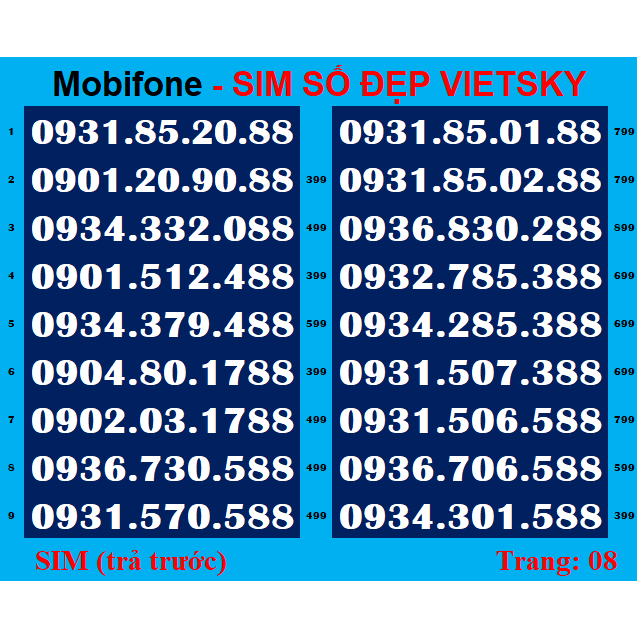 SIM Mobi 09 Đuôi 88.99.89 List 08,09 -Dể nhớ- Phong Thuỷ - Cặp gánh *** SIM mobi đầu 09 được nhiều người yêu thích