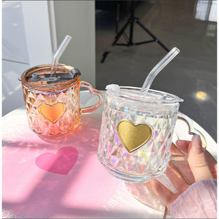 Cốc thủy tinh hologram trái tim vàng có nắp ống hút CTT72 ly thủy tinh dễ thương 400ml