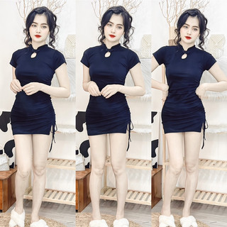 đầm body cổ tàu rút dây xẻ tà