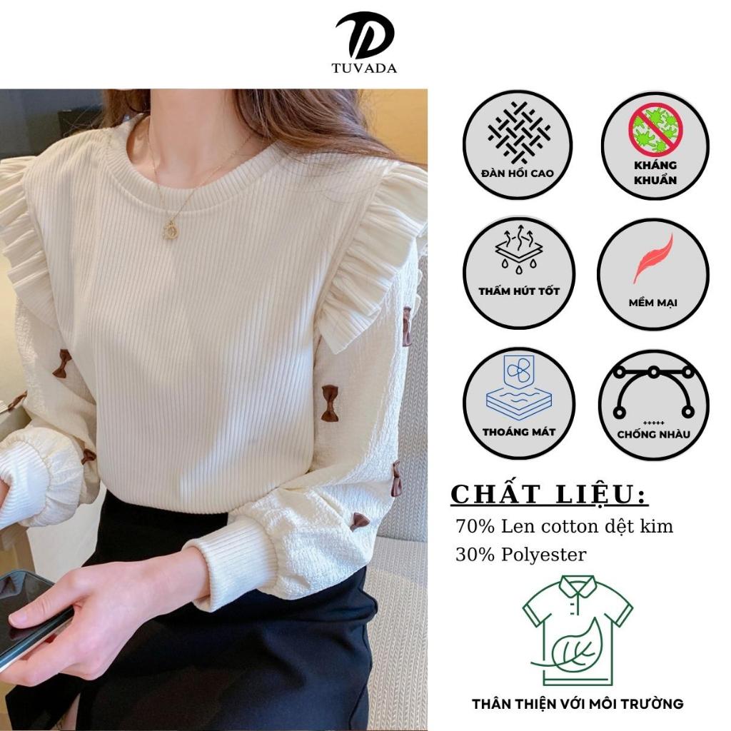 Áo len nữ dài tay phối nơ Tuvada, áo mongtoghi vải len, áo dệt kim dài tay Hàn quốc LTB54