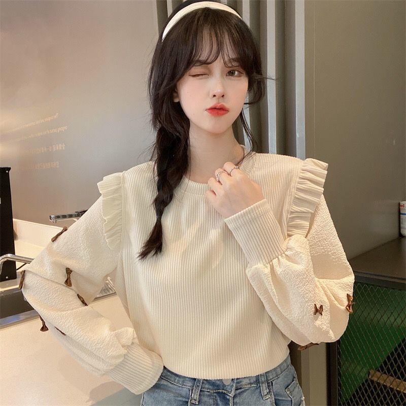 Áo len nữ dài tay phối nơ Tuvada, áo mongtoghi vải len, áo dệt kim dài tay Hàn quốc LTB54