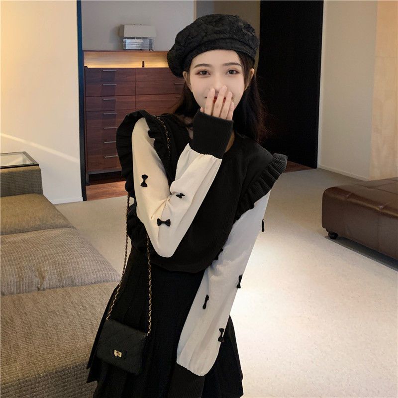 Áo len nữ dài tay phối nơ Tuvada, áo mongtoghi vải len, áo dệt kim dài tay Hàn quốc LTB54