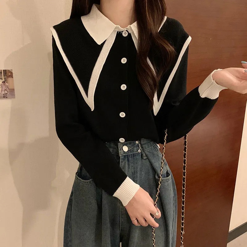 Áo polo nữ dài tay phối màu vạt áo Tuvada, áo mongtoghi vải len, áo dệt kim dài tay Hàn quốc LMT55