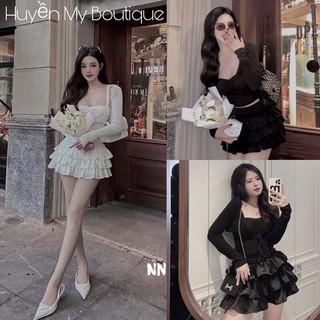 Sét áo len tăm cúp ngực kèm áo cadigan khoác ngoài mix chân váy lụa bèo tầng siêu xinh sét mpb