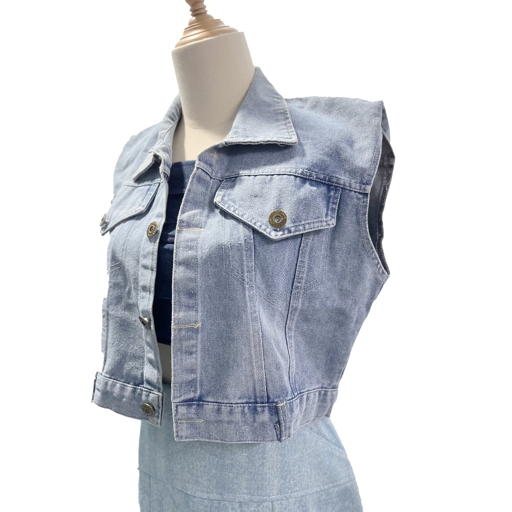 Áo Ghile jean không tay cho nữ, áo gile bò DENIM xanh, dáng ngắn vừa, áo jean nữ cá tính ảnh thật cuối