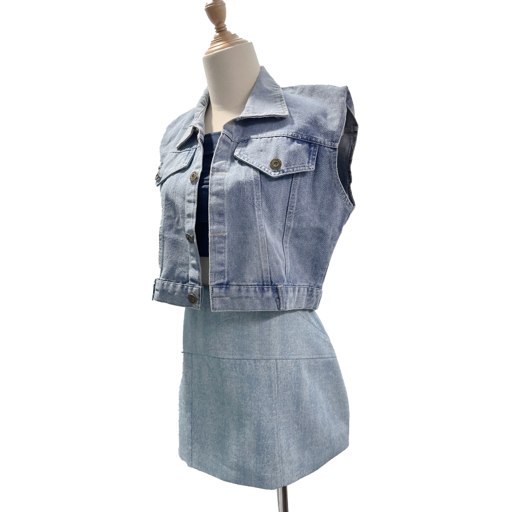 Áo Ghile jean không tay cho nữ, áo gile bò DENIM xanh, dáng ngắn vừa, áo jean nữ cá tính ảnh thật cuối