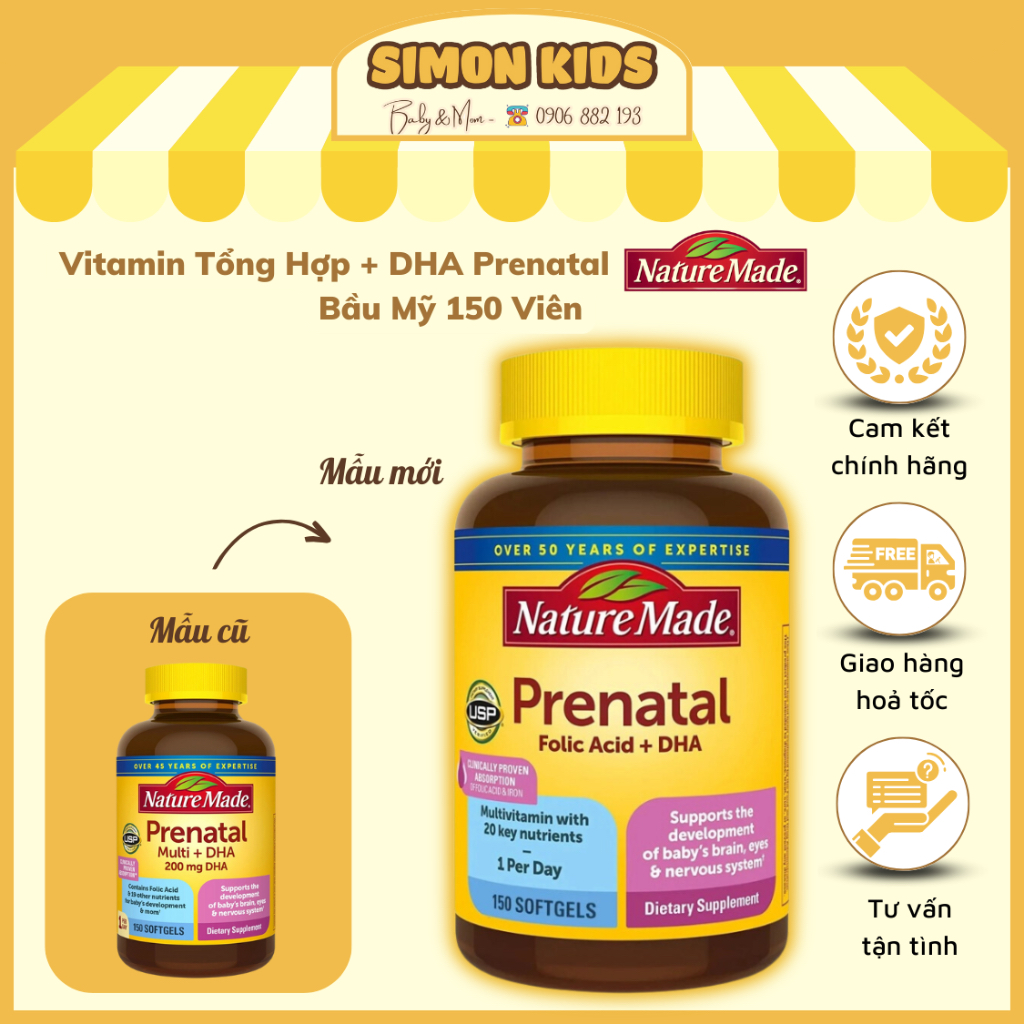 Vitamin Tổng Hợp + DHA Prenatal Bầu Mỹ Nature Made Prenatal Folic Acid + DHA 150 Viên - Mẫu mới