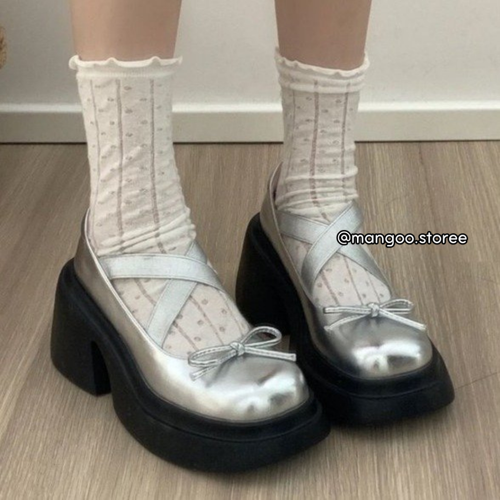 Giày búp bê Mary Jane đế cao 5m hai dây chéo họa tiết nơ nhỏ phong cách ballet