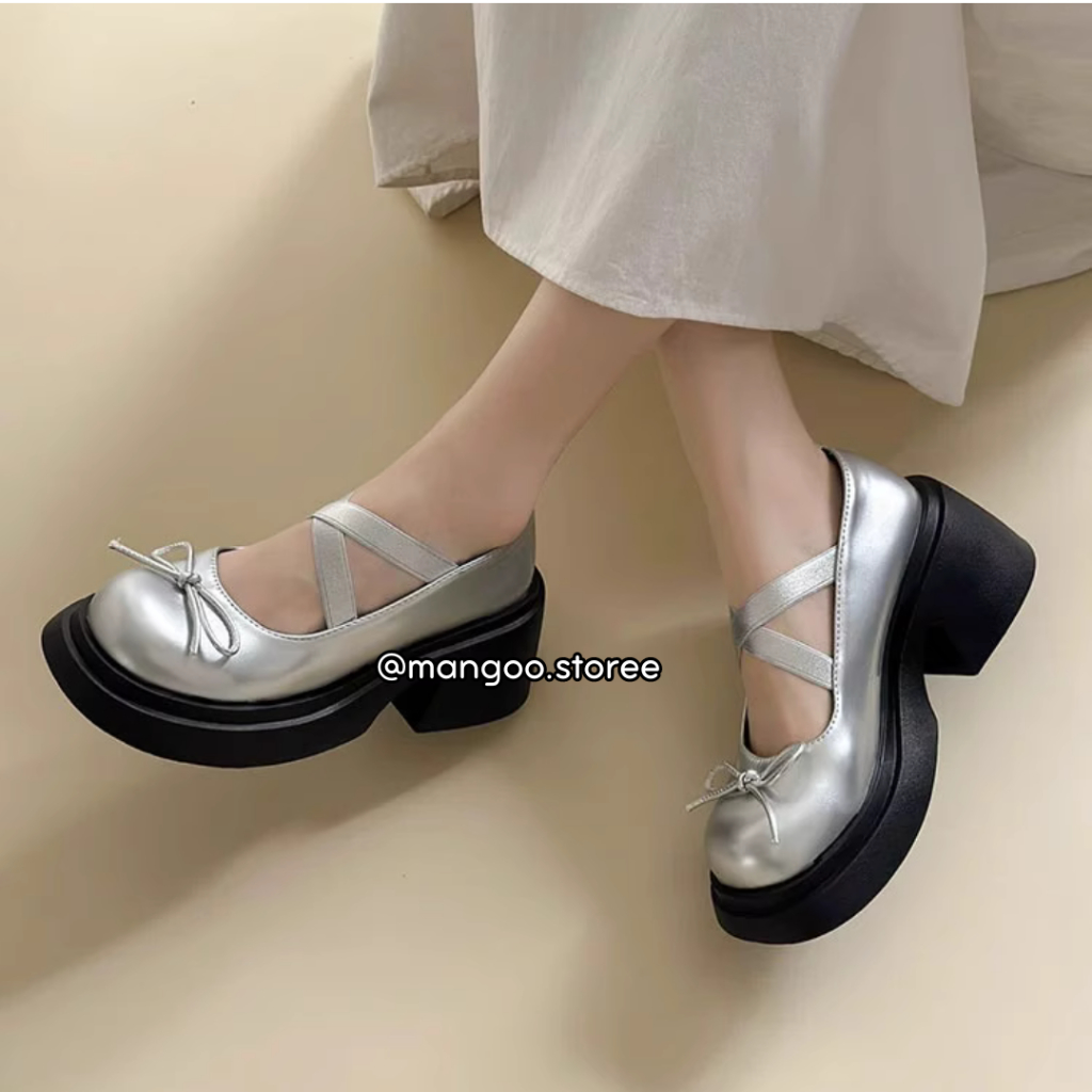 Giày búp bê Mary Jane đế cao 5m hai dây chéo họa tiết nơ nhỏ phong cách ballet