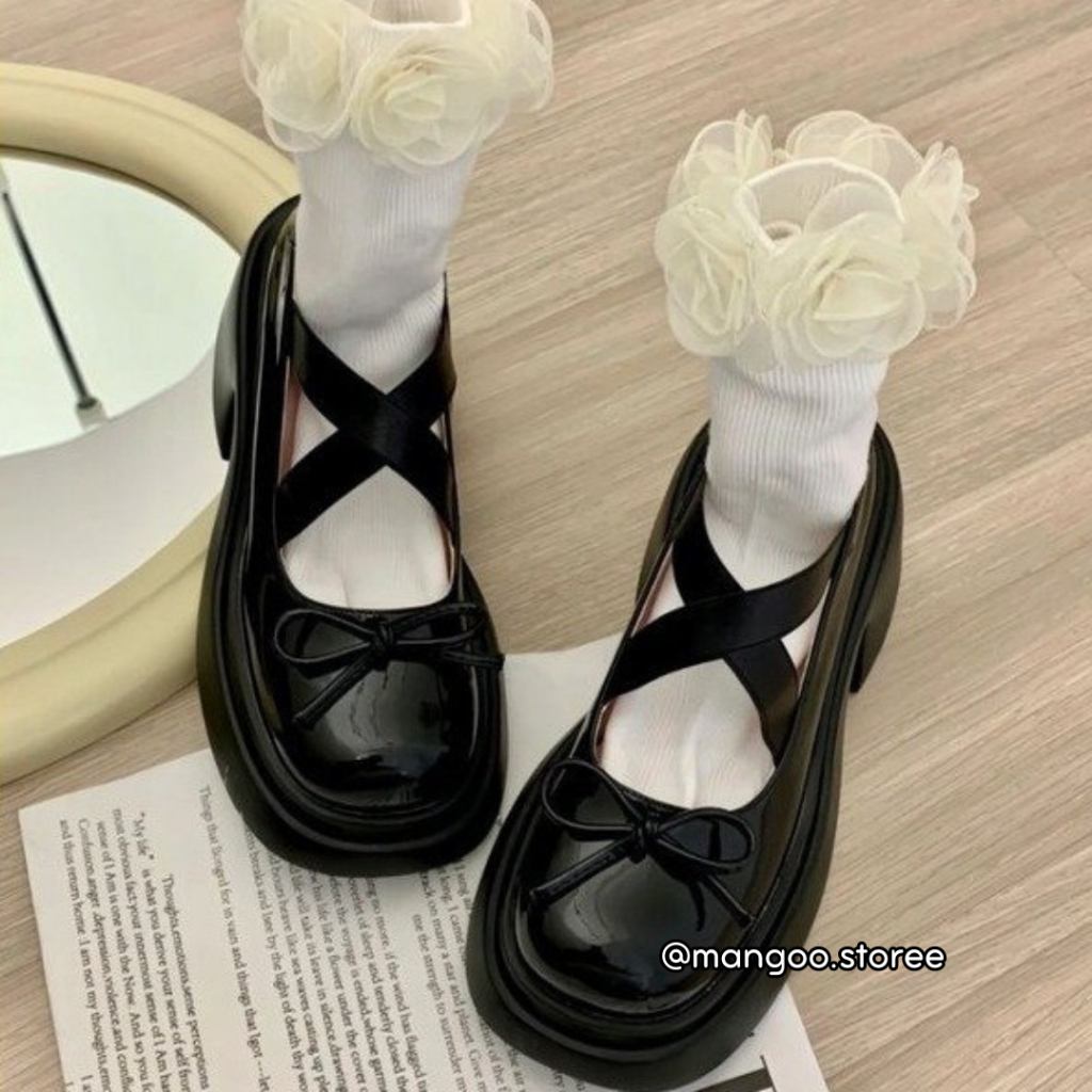 Giày búp bê Mary Jane đế cao 5m hai dây chéo họa tiết nơ nhỏ phong cách ballet