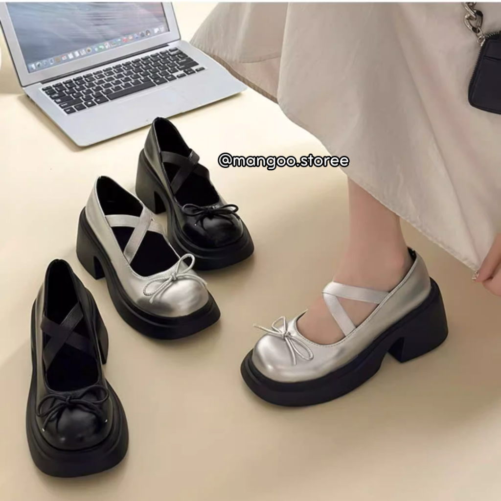 Giày búp bê Mary Jane đế cao 5m hai dây chéo họa tiết nơ nhỏ phong cách ballet