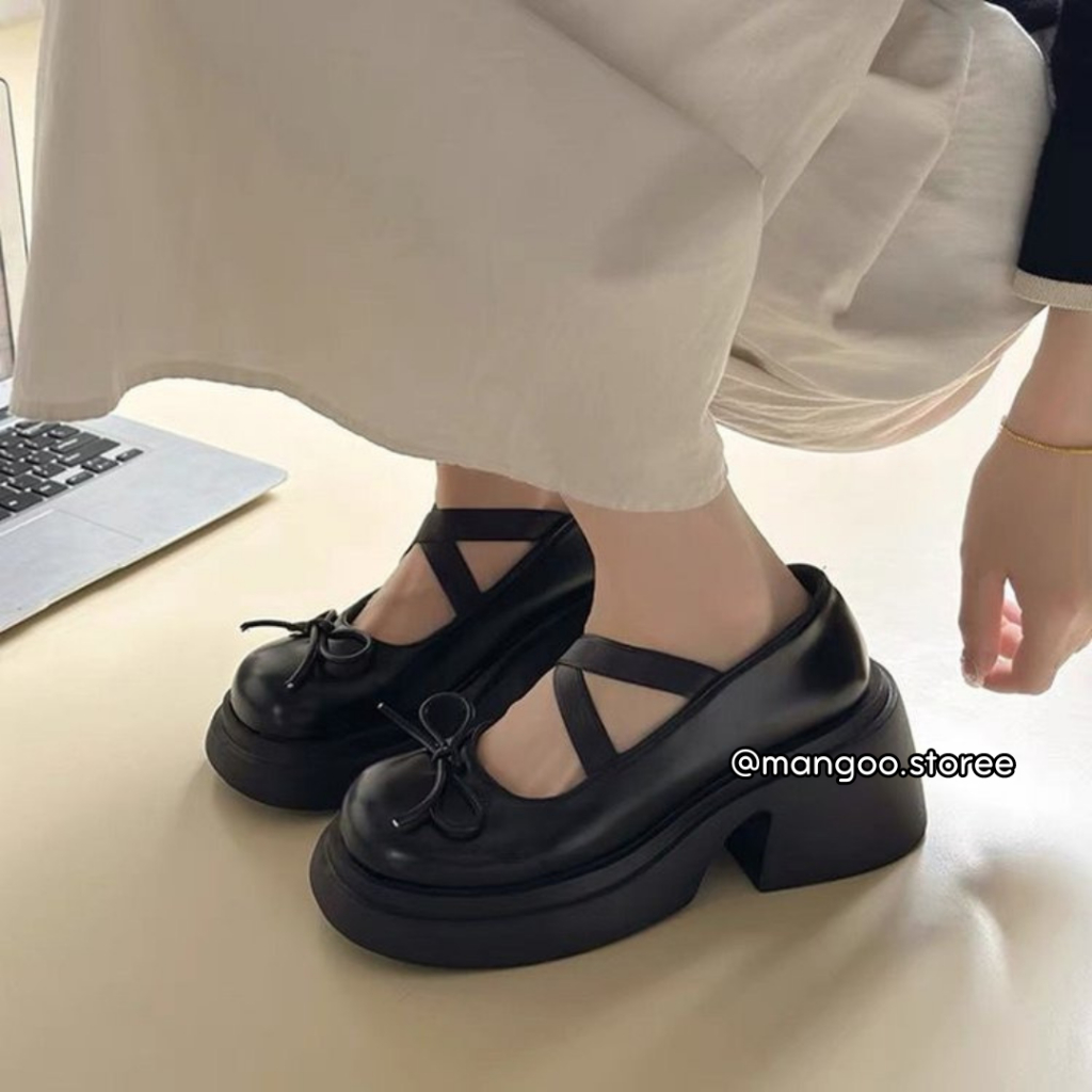 Giày búp bê Mary Jane đế cao 5m hai dây chéo họa tiết nơ nhỏ phong cách ballet