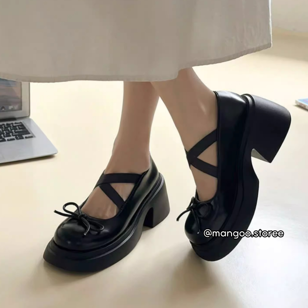 Giày búp bê Mary Jane đế cao 5m hai dây chéo họa tiết nơ nhỏ phong cách ballet