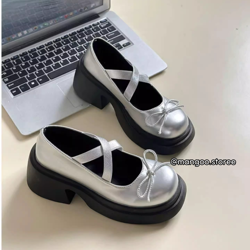 Giày búp bê Mary Jane đế cao 5m hai dây chéo họa tiết nơ nhỏ phong cách ballet