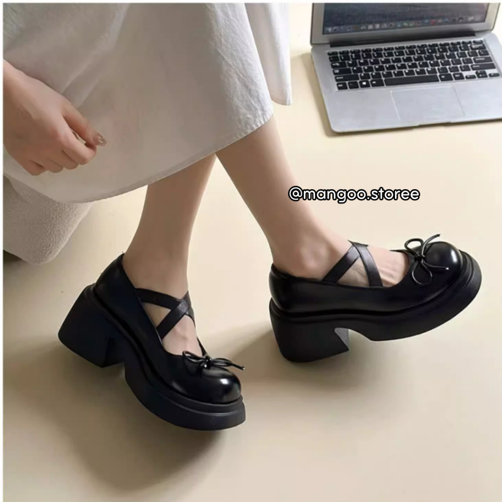 Giày búp bê Mary Jane đế cao 5m hai dây chéo họa tiết nơ nhỏ phong cách ballet