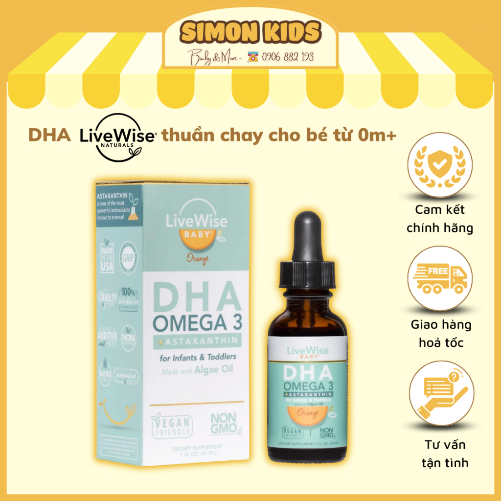 DHA - Omega3 LiveWise thuần chay cho bé dạng nước - vị cam - 30ml giúp phát triển não bộ, sáng mắt, thông minh