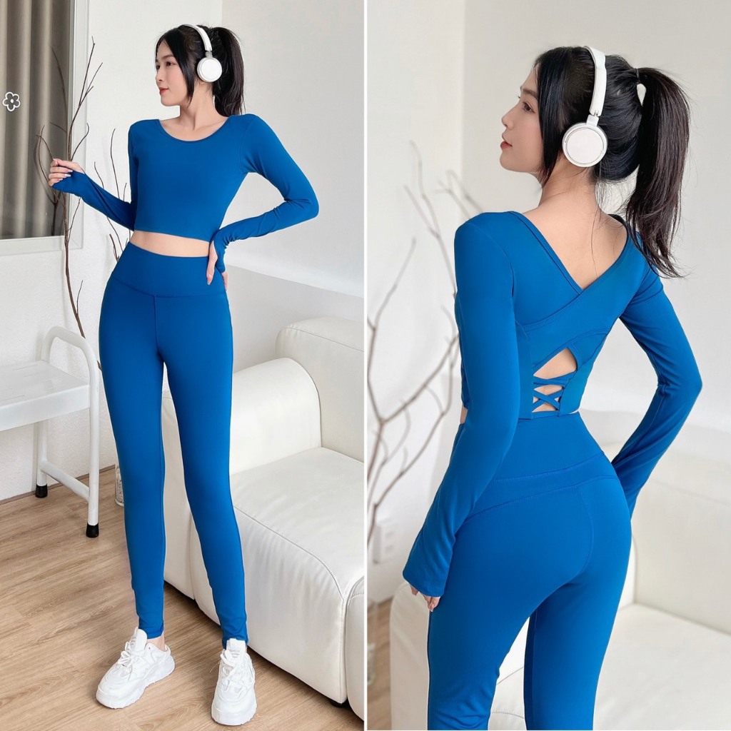 Bộ quần áo tập gym nữ vải co giãn 4 chiều có mút ngực - Set quần dài và áo croptop dài tay-D31