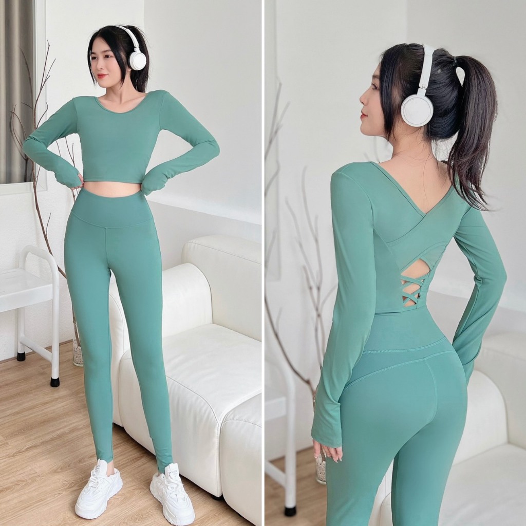 Bộ quần áo tập gym nữ vải co giãn 4 chiều có mút ngực - Set quần dài và áo croptop dài tay-D31