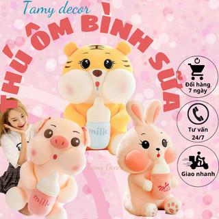Gấu Bông Ôm Bình Sữa Tamy Decor Thỏ Lợn Hổ Ôm Bình Sữa Đáng Yêu chất liệu nỉ mịn cao cấp đủ size