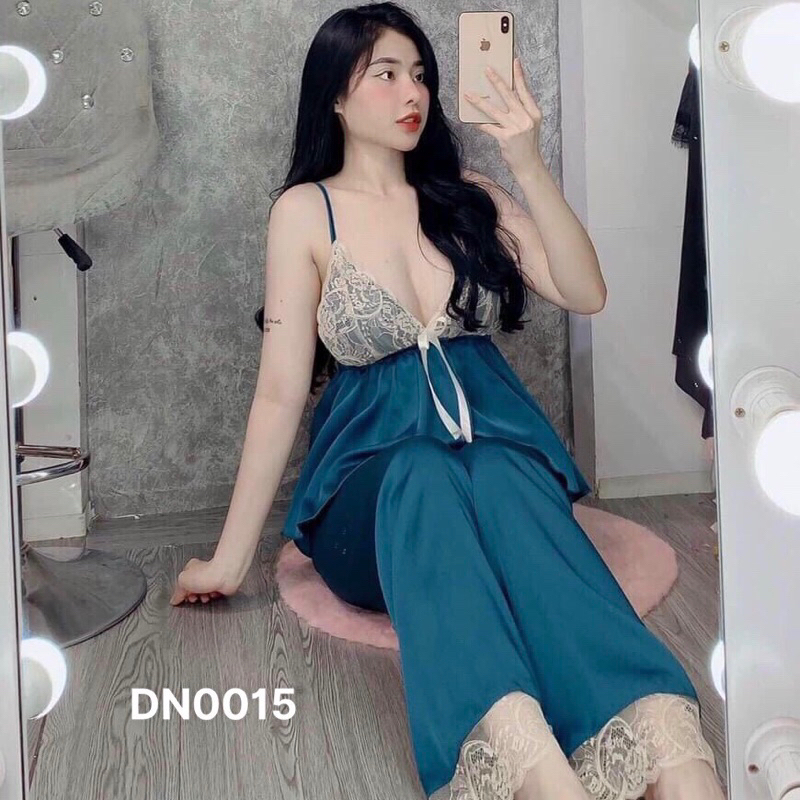 Đồ ngủ sexy satin ren vàng quần dài có mút và dây thâu size dưới 55kg