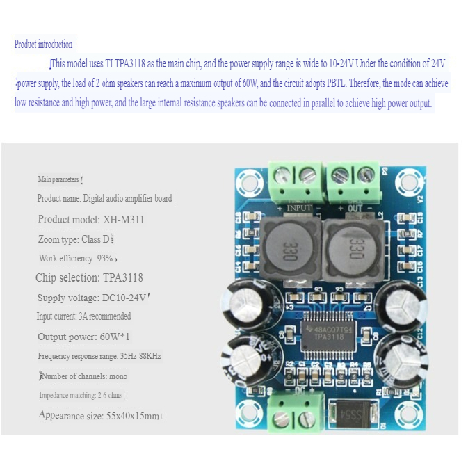 Mạch khuếch đại âm thanh mono 60W TPA3118 60W  Audio Amplification Board