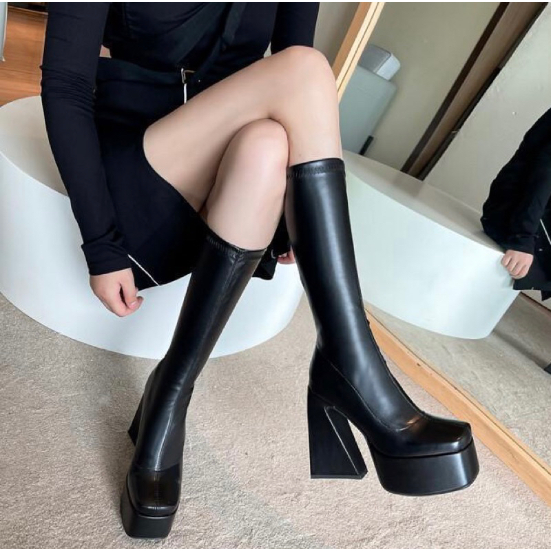 BOOT ĐÙI GÓT VUÔNG Y2K ÔM SÁT DA LÌ CAO 14CM CECE.STORE