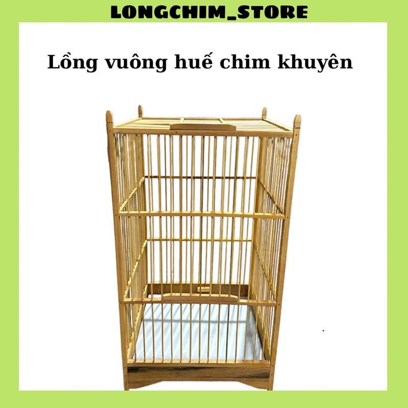 Lồng chim hút mật dáng vuông gỗ huế chim khuyên chất liệu gỗ huế vàng cao cấp đầy đủ