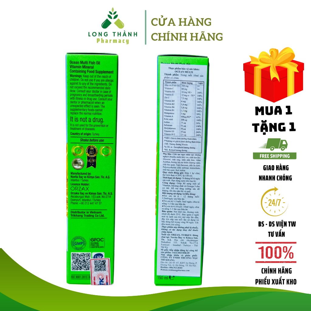 Siro Ocean Multi Fish Oil Vitamin Mineral - Bổ sung Vitamin, khoáng chất, Omega 3 cho trẻ, vị cam mật ong