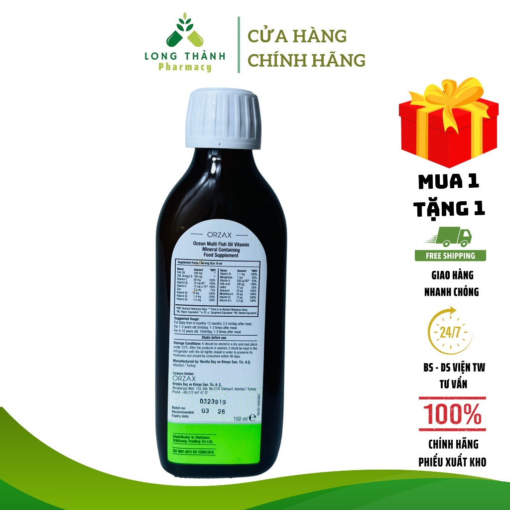 Siro Ocean Multi Fish Oil Vitamin Mineral - Bổ sung Vitamin, khoáng chất, Omega 3 cho trẻ, vị cam mật ong