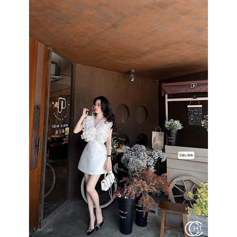 Set áo tơ bèo dập ly+ cv khâu đá