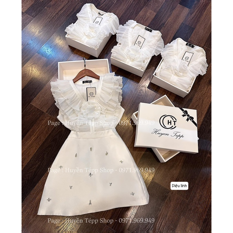 Set áo tơ bèo dập ly+ cv khâu đá
