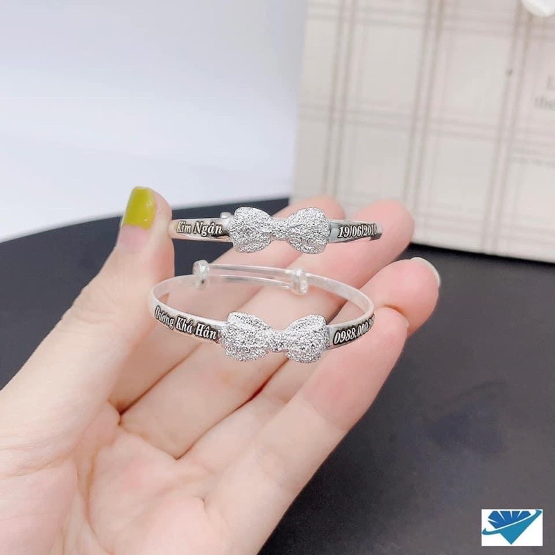 Vòng tay,lắc tay cho bé, Vòng tay nơ khắc tên cho bé chuẩn bạc ta - Vòng tay bạc đẹp THJ
