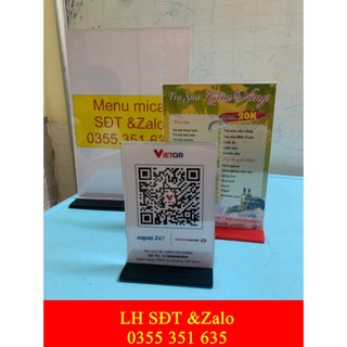 Standee menu mica a4, a5, a6, bảng quét qr code a4, a5, a6, menu đế lùa chữ t, menu để bàn, bảng giá để bàn