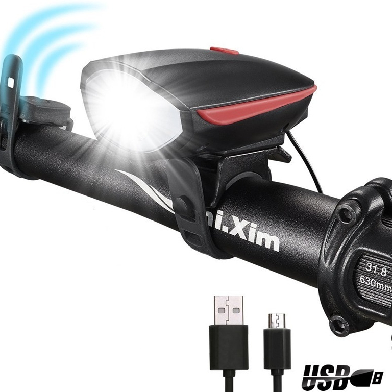 Đèn gắn xe đạp pin sạc USB, 3 chế độ sáng, có còi, trợ sáng, chống nước IPX6