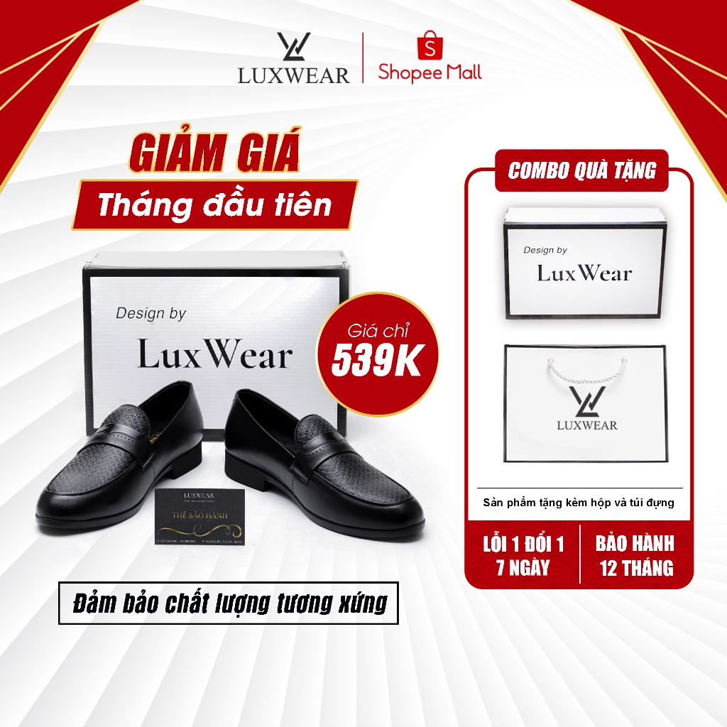 Giày lười nam da bò cao cấp đế khâu LuxWear Penny Loafers màu đen bảo hành 12 tháng GD06