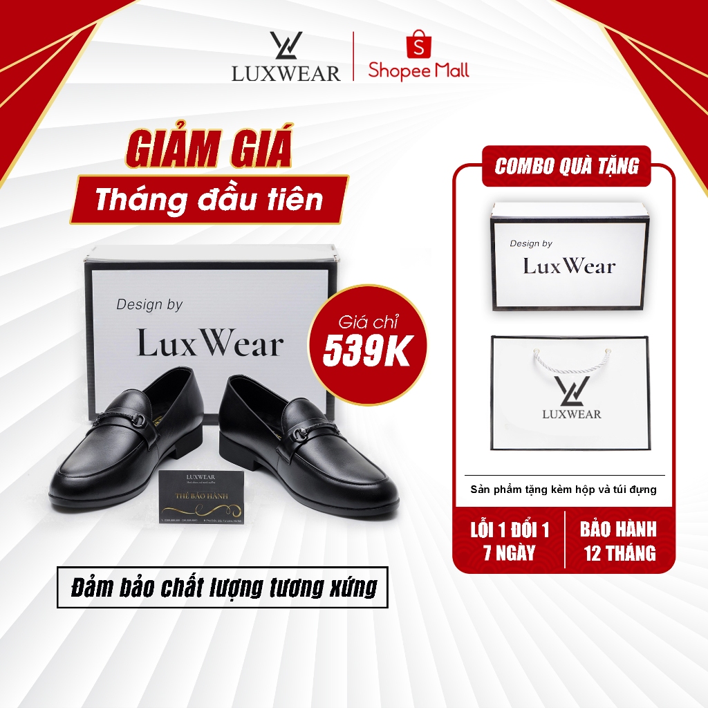 Giày lười nam da bò cao cấp đế khâu LuxWear Penny Loafers màu đen bảo hành 12 tháng GD07