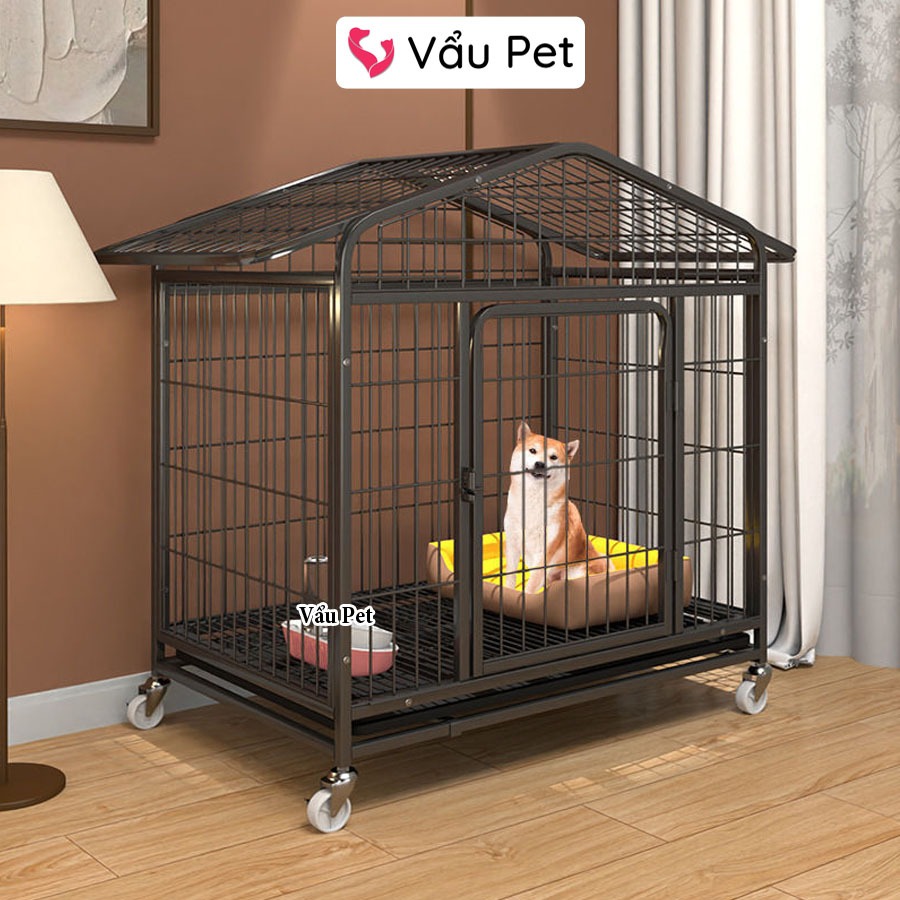 Chuồng Cho Chó Mèo Nan Ống Có Mái Kèm Bánh Xe - Lồng Chó Sơn Tĩnh Điện Cao Cấp