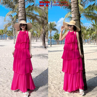 💖 FREESHIP💖 Đầm maxi voan tầng yếm hoa cổ, Đầm maxi đi biển tầng yếm xích 5 Màu có video và ảnh thật