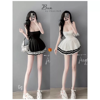 Set áo 2 dây kèm chân váy xếp ly viền - Bộ áo 2 day chân váy tennis
