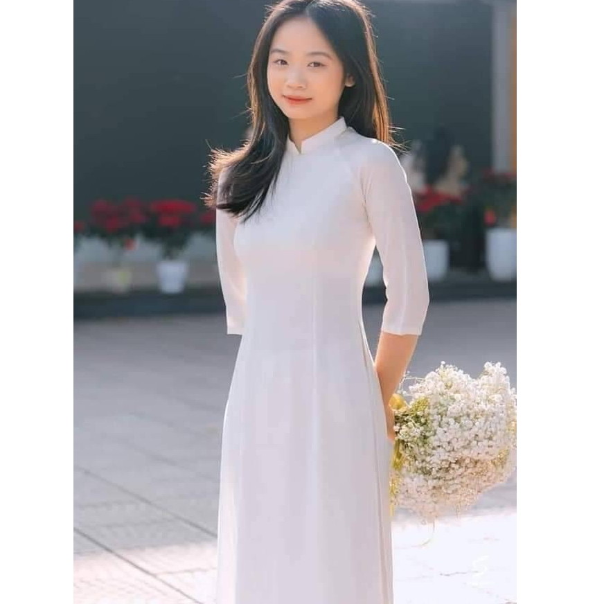 LM001 Áo dài Học Sinh vải lụa mỹ mềm mịn, 2 tà,trắng sứ và trắng kem.