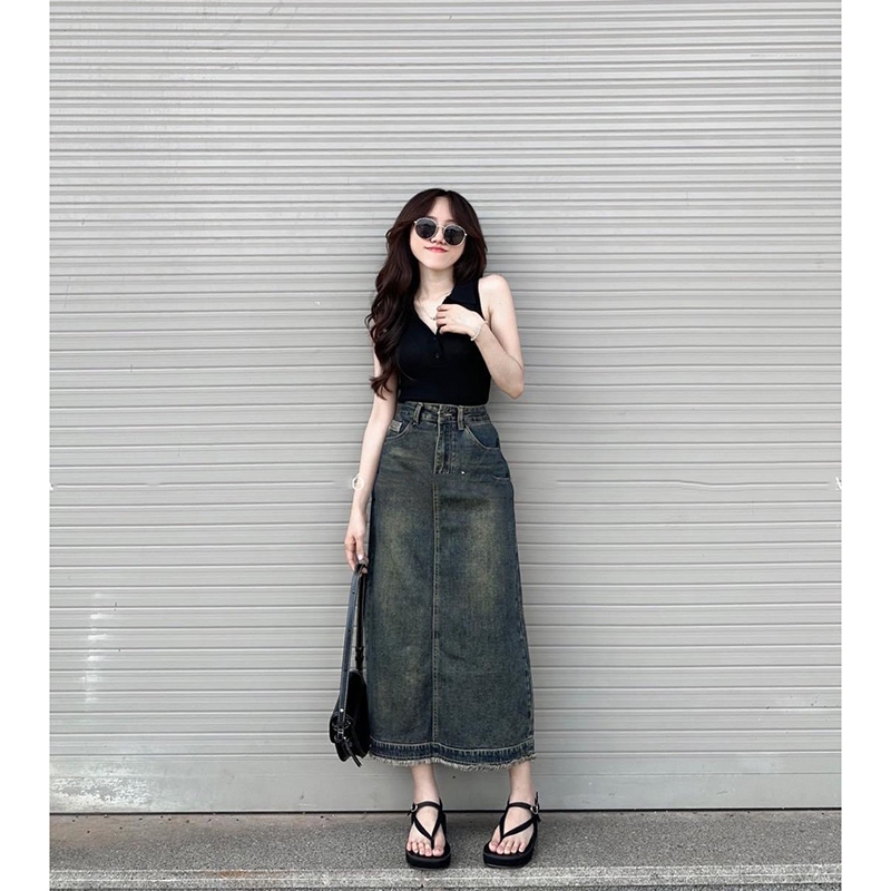 Chân Váy Jean Dáng Dài Xẻ Tà Sau Phong Cách Hàn M7301 - Lolla Fashion