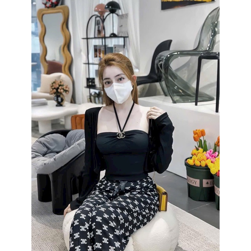 Set 3 món áo croptop kèm tag gài áo khoác và quần suông họa tiết