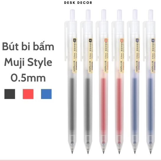 Bút Bi Mực Gel Muji style / Bút Baijin Thân Mờ Ngòi 0.5mm 3 Màu Xanh Đen Đỏ Viết Trơn Ra Đều Bấm Nút