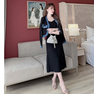 VÁY ĐEN XÒE 2 DÂY DÀI+ ÁO KHOÁC LỬNG TAY DÀI VIỀN JEANS 270923